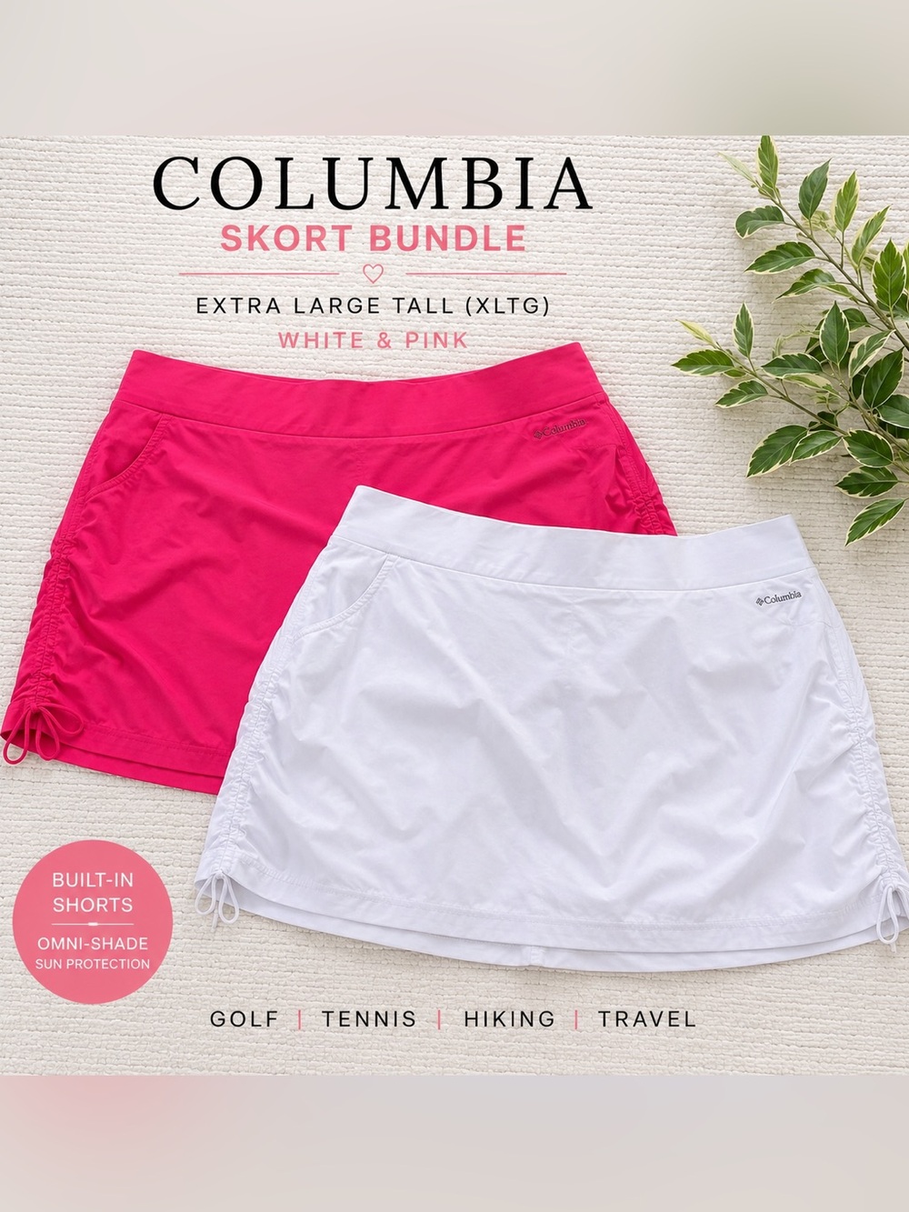 Columbia Omni-Shade Skort Bundle White Pink XL Tall Golf Tennis